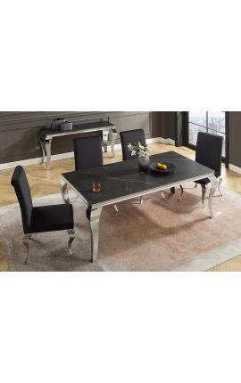 Moderna mesa de comedor de acero barroco plata, cerámica superior negro 180cm