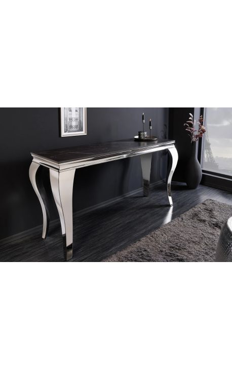 Modern baroque stainless steel console silver and top black ceramic