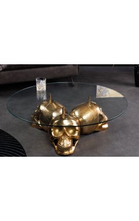 Table basse ronde avec tête de mort en aluminium doré avec plateau en verre