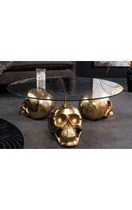 Runder Couchtisch mit goldenem Totenkopf und Glasplatte