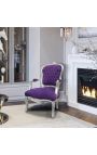 Fauteuil Louis XV de style baroque velours mauve et bois argent