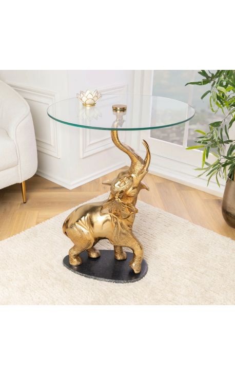 Table d'appoint "ELEPHANT" en aluminium doré, base en marbre noir