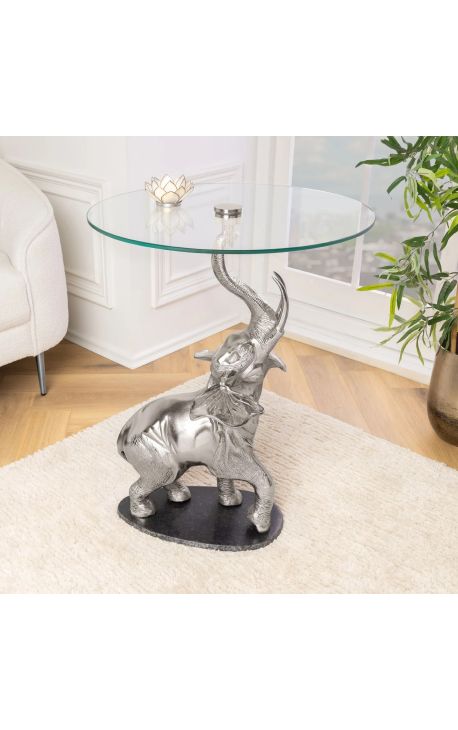 Side table "Elephant" of silver aluminium black marble base