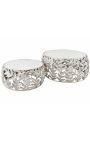 Set of 2 coffee round table "Foliage" aluminum and white marble