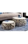 Set of 2 coffee round table "Foliage" aluminum and white marble