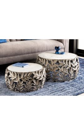 Set of 2 coffee round table "Foliage" aluminum and white marble