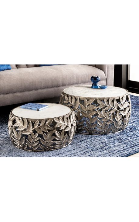 Set of 2 coffee round table "Foliage" aluminum and white marble