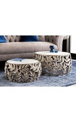 Set of 2 coffee round table &quot;Foliage&quot; aluminum and white marble