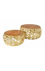 Set of 2 coffee round table "Foliage" of gold aluminium and mango wood