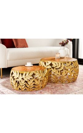 Set of 2 coffee round table &quot;Foliage&quot; of gold aluminium and mango wood