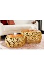 Set of 2 coffee round table "Foliage" of gold aluminium and mango wood