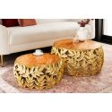 Set of 2 coffee round table "Foliage" of gold aluminium and mango wood