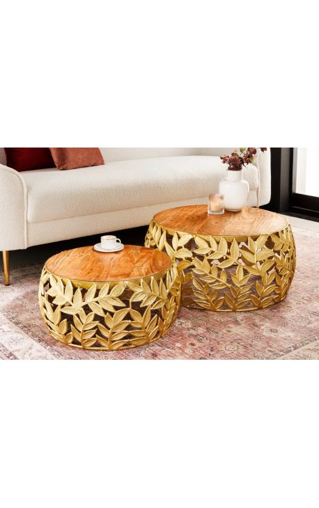 Set of 2 coffee round table "Foliage" of gold aluminium and mango wood