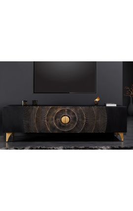 Black and golden CERCLE TV cabinet in Manguier with pattern circulars in 3d