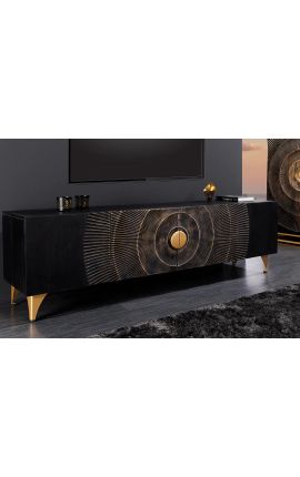 Black and golden CERCLE TV cabinet in Manguier with pattern circulars in 3d