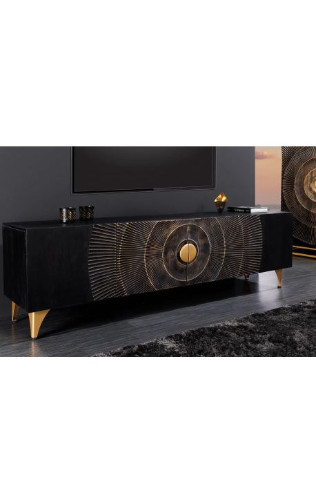 Black and golden CERCLE TV cabinet in Manguier with pattern circulars in 3d