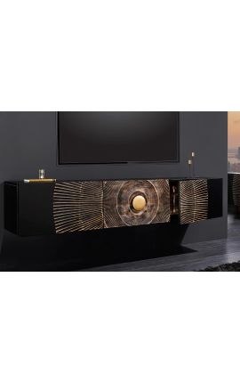 Black and gold CERCLE hanging TV cabinet in Manguier with pattern circulars in 3d