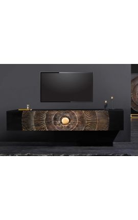 Black and gold CERCLE hanging TV cabinet in Manguier with pattern circulars in 3d