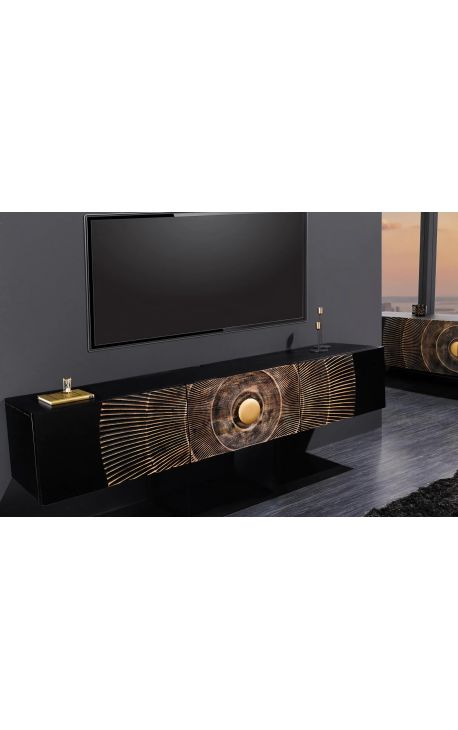 Black and gold CERCLE hanging TV cabinet in Manguier with pattern circulars in 3d