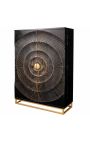 Black and golden CERCLE bar cabinet in Mango wood with circulars pattern in 3d