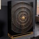 Black and golden CERCLE bar cabinet in Mango wood with circulars pattern in 3d