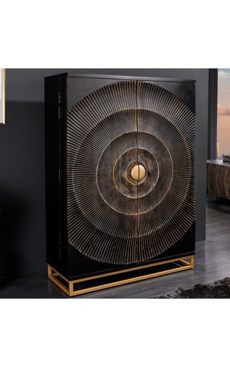 Black and golden CERCLE bar cabinet in Mango wood with circulars pattern in 3d