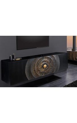 Credenza nera e dorata in legno di Mango con motivi circolari 3d