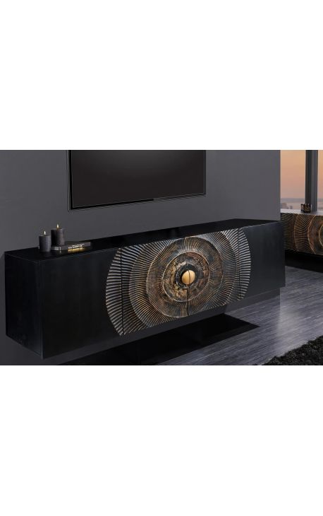 Black and golden hanging sideboard in Mango wood with 3d circular patterns