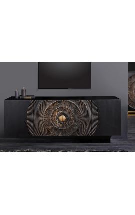 Credenza nera e dorata in legno di Mango con motivi circolari 3d