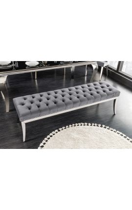 Banquette baroque moderne velours gris et acier chromé 165 cm