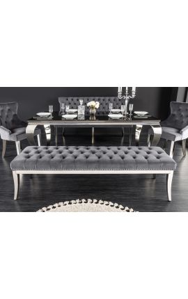 Banquette baroque moderne velours gris et acier chromé 165 cm