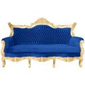 Barok Rococo 3 zitplaatsen donkerblauw fluweel en goud hout