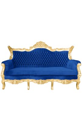 Barok Rococo 3 zitplaatsen donkerblauw fluweel en goud hout