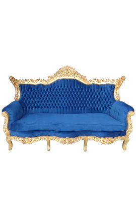 Barok Rococo 3 zitplaatsen donkerblauw fluweel en goud hout