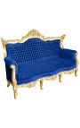 Barok Rococo 3 zitplaatsen donkerblauw fluweel en goud hout