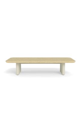 Table basse &quot;Aruba&quot; en aluminium ivoire avec plateau en travertin beige