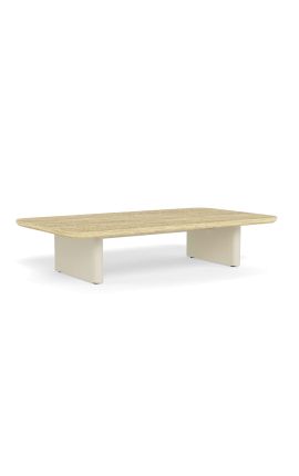 Table basse "Aruba" en aluminium ivoire avec plateau en travertin beige