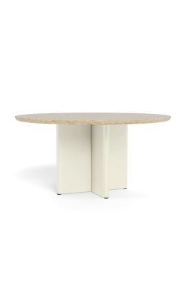 Mesa redonda "Aruba" de aluminio marfil con travertina beige superior