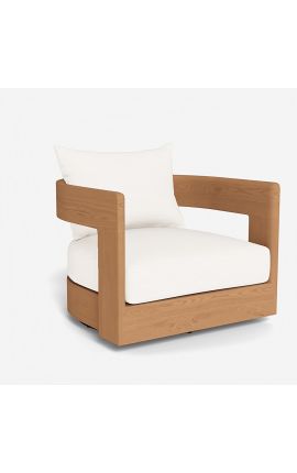 Poltrona girevole grande "Aruba" teak solido e tessuto bianco