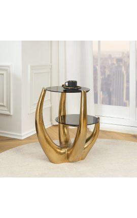 Side table "Hand" of gold aluminium and smoked glass tops