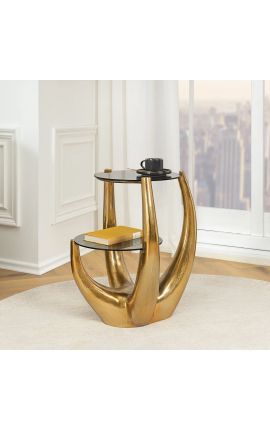 Side table &quot;Hand&quot; of gold aluminium and smoked glass tops