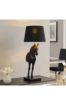 Lámpara de mesa de caballo negro y oro con base de mármol negro