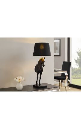 Lampe à poser cheval noir et doré avec pied en marbre noir