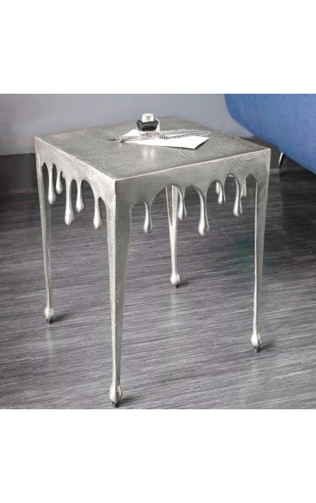 Square side table "MELTED" silver aluminum - 44 cm