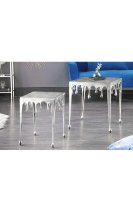 Square side table &quot;MELTED&quot; silver aluminum - 44 cm