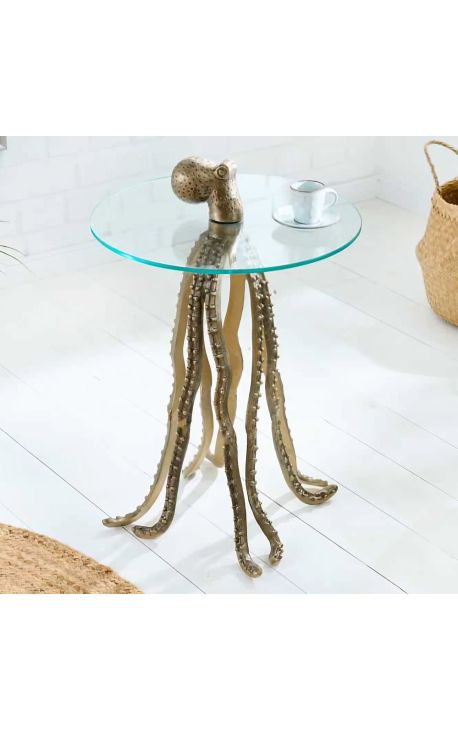 Tabella laterale "OCTOPUS" di alluminio oro e piano di vetro