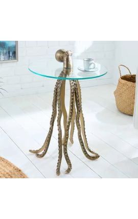 Side table &quot;OCTOPUS&quot; of gold aluminium and top of glass