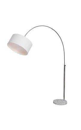 Lampe sur pied 170-200cm base en marbre blanc, métal argenté &amp; abat-jour blanc