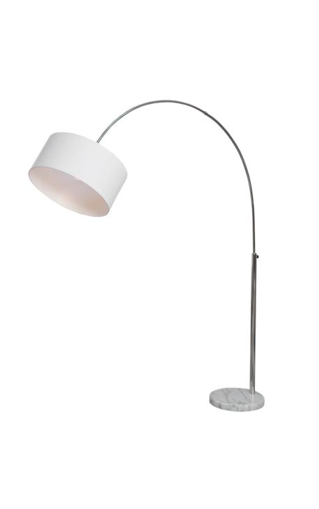 Lampe sur pied 170-200cm base en marbre blanc, métal argenté & abat-jour blanc