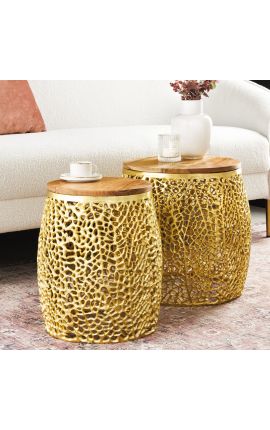 Set of 2 round tables CORY gold and gold top in acacia